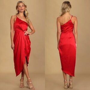 LULUS LAW OF ATTRACTION RED SATIN ONE SHOULDER ASYMMETRICAL MIDI COCKTAIL DRESS